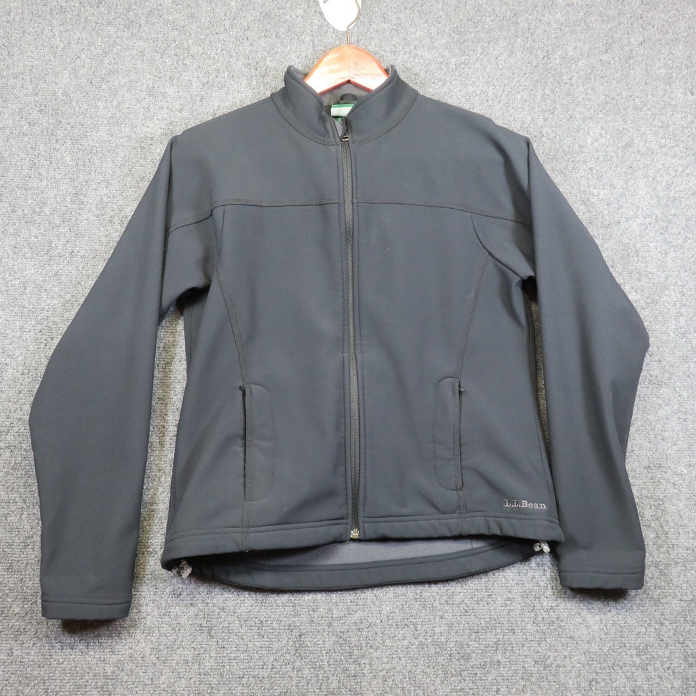 LL Bean Jacket Women Medium Black Fleece Lining Full Zip Nylon Rain Wind Coat